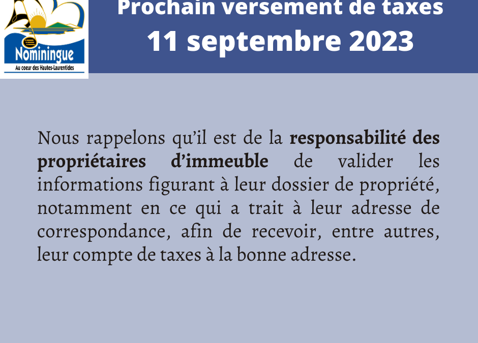 Prochain versement taxes municipales lundi 11 septembre 2023